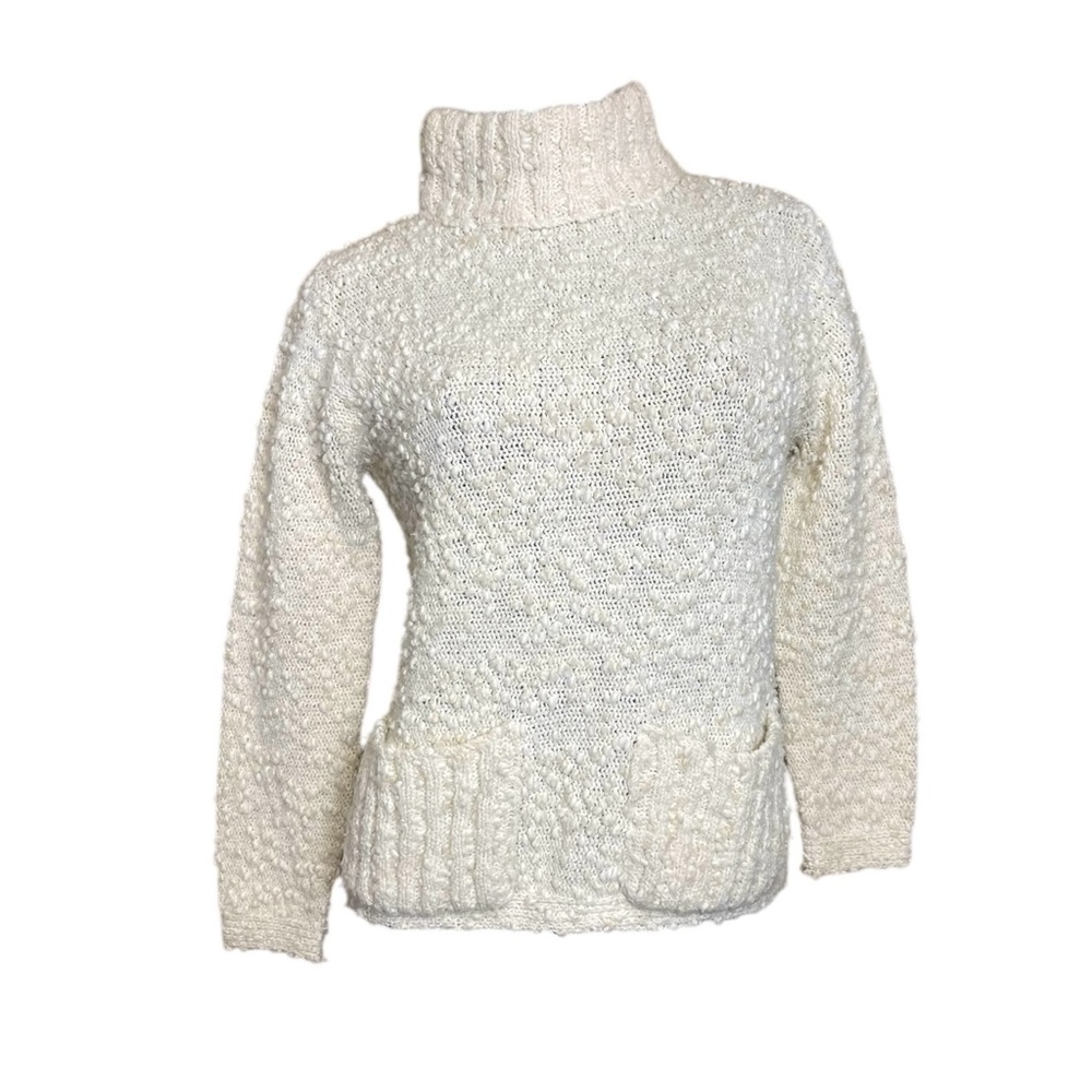 Vintage 1970s Textured Fisherman Sweater Cozy Cream Turtleneck Mock Neck Pockets